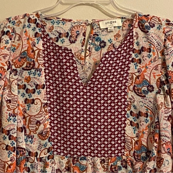 Umgee Womens Multicolor Babydoll Mixed Pattern Tassel Short Sleeve Top - Picture 3 of 11